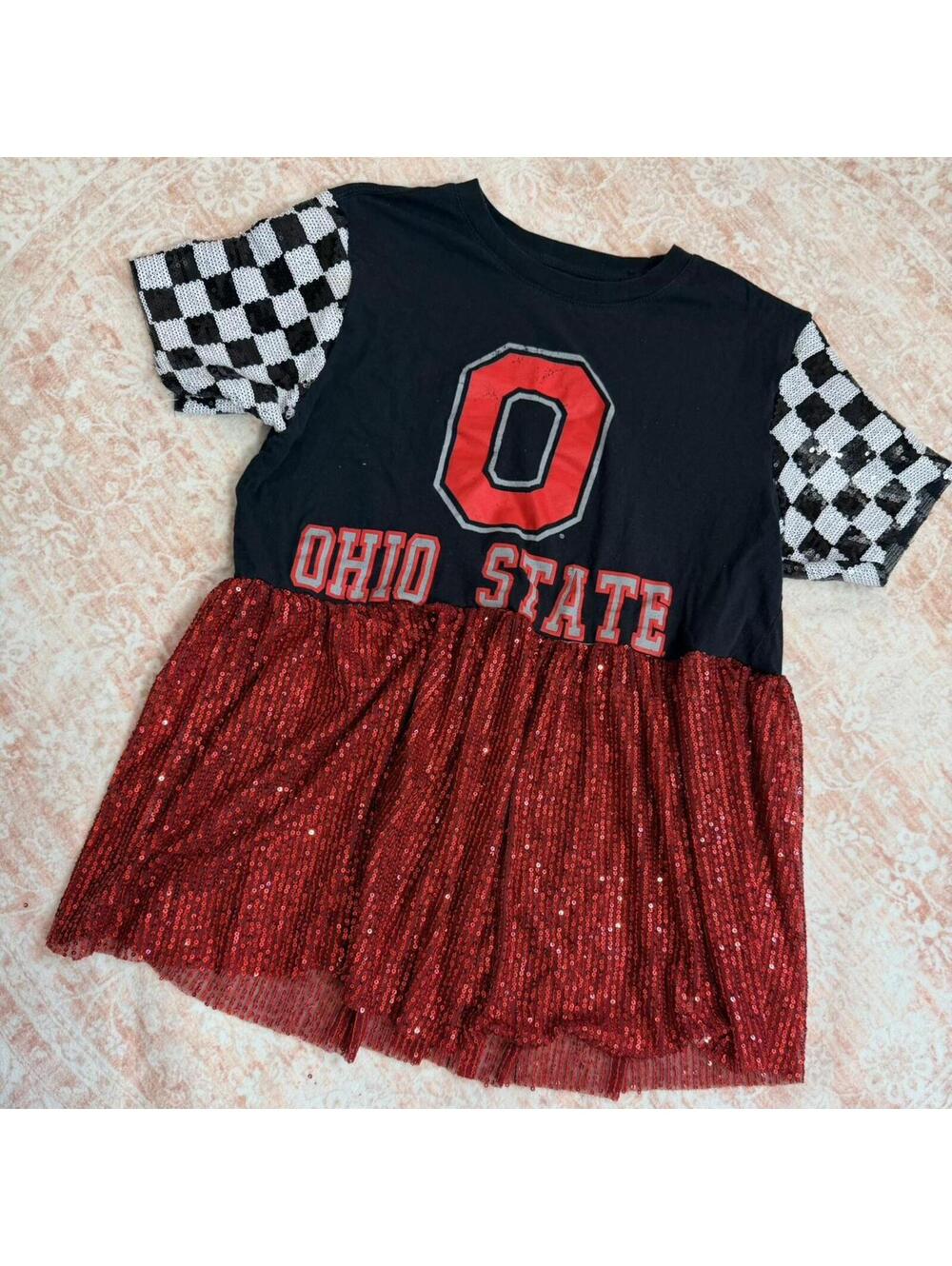Upcycled Ohio State sequin babydoll tee ❤️🖤✨